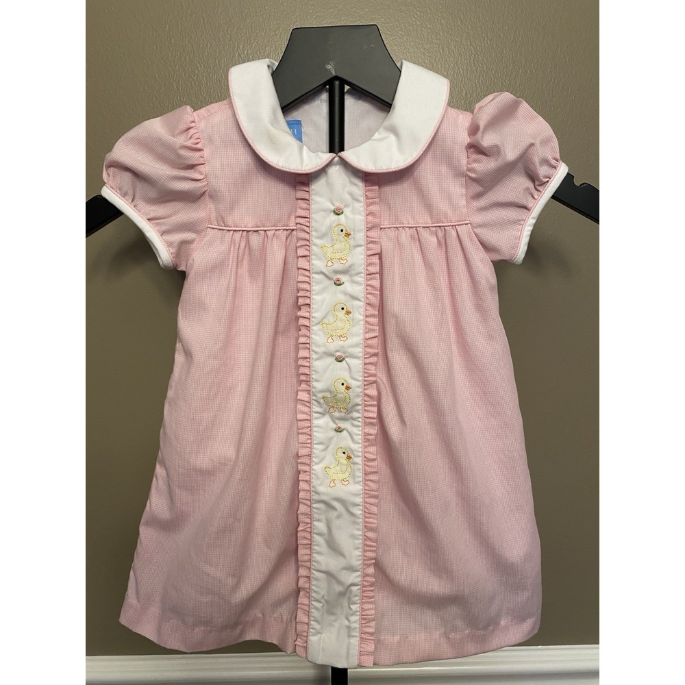 Anavini Girls Ducks & Flowers Print Hand Smocked Pink Dress Size 2